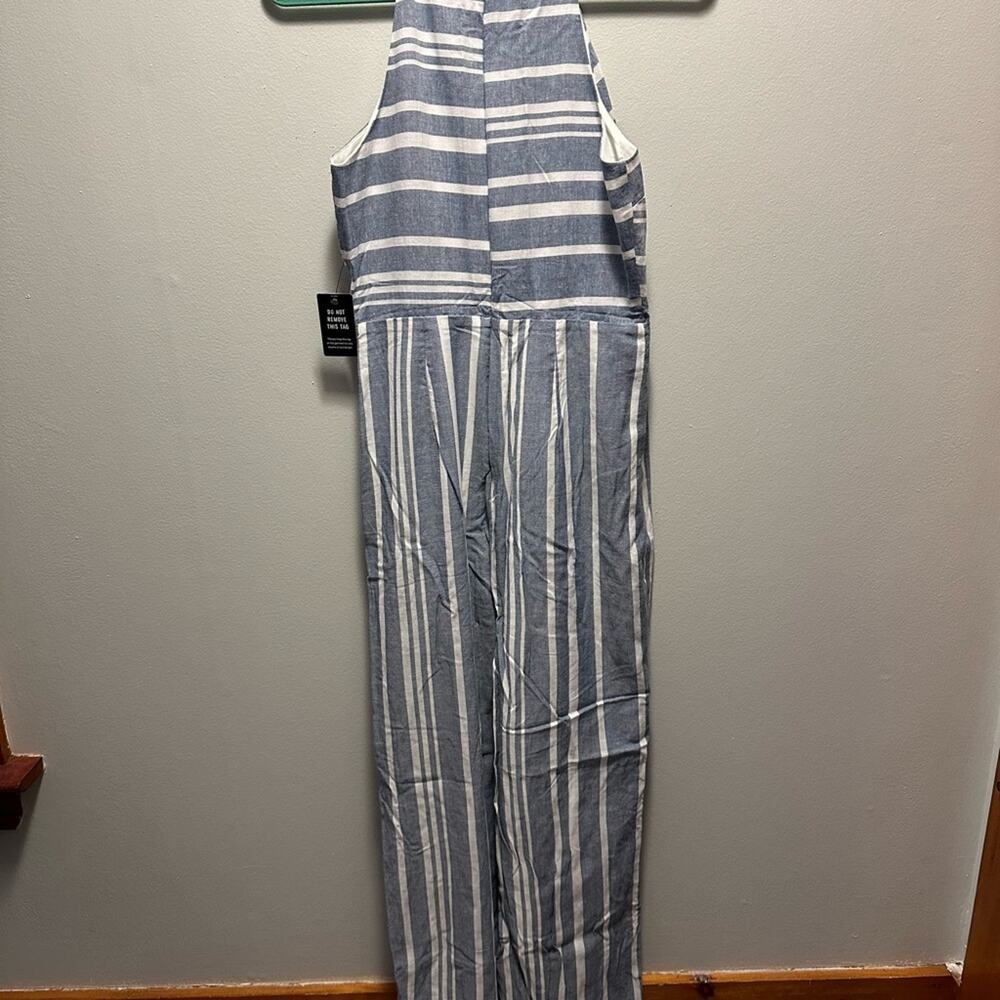 Express white/blue cotton blend striped wide leg high neck jumpsuit NWT Size S - Picture 4 of 9